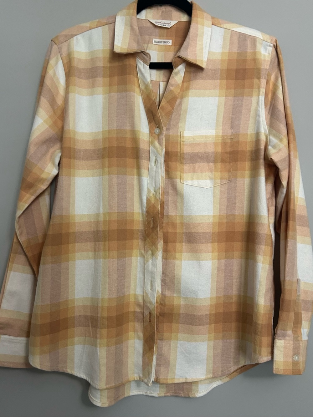 Weatherproof Plaid Button-Down Shirt in Cream and Tan